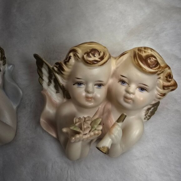Set of 2 Vintage Sanmyro Double Angels Cherubs Japan Hand Painted Porcelain - Picture 3 of 9